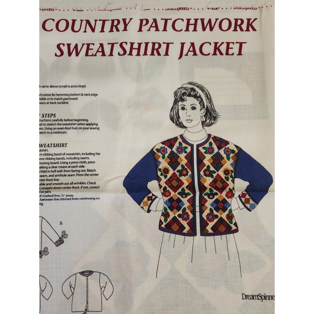Dream Spinners Country Patchwork Sweatshirt Jacket Fabric Panel Sewing 90's NEW